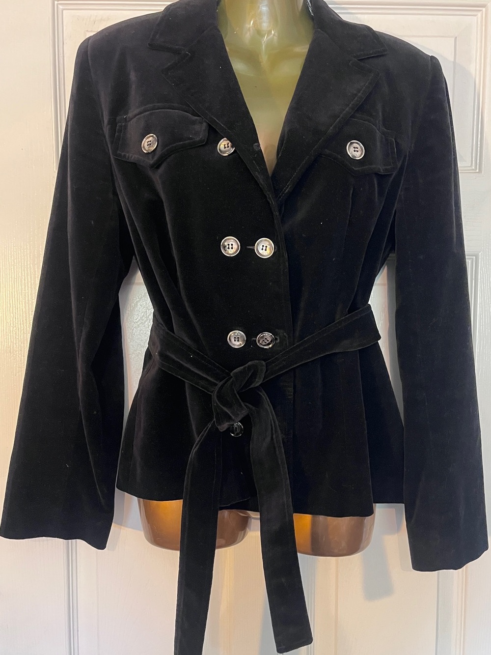 Women's Black Velvet Double-Breasted Belted Blazer